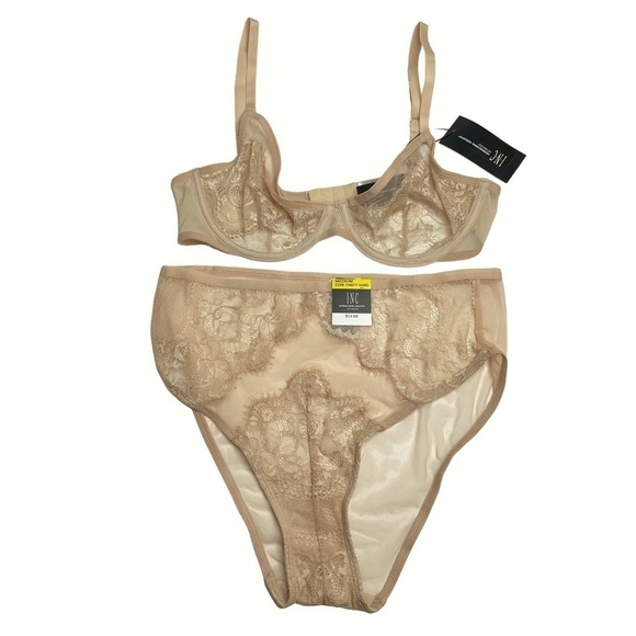 INC Intimates Underwire Lace Bra & Lace Trim Mesh Brief Underwear Almond Latte M - Picture 1 of 14